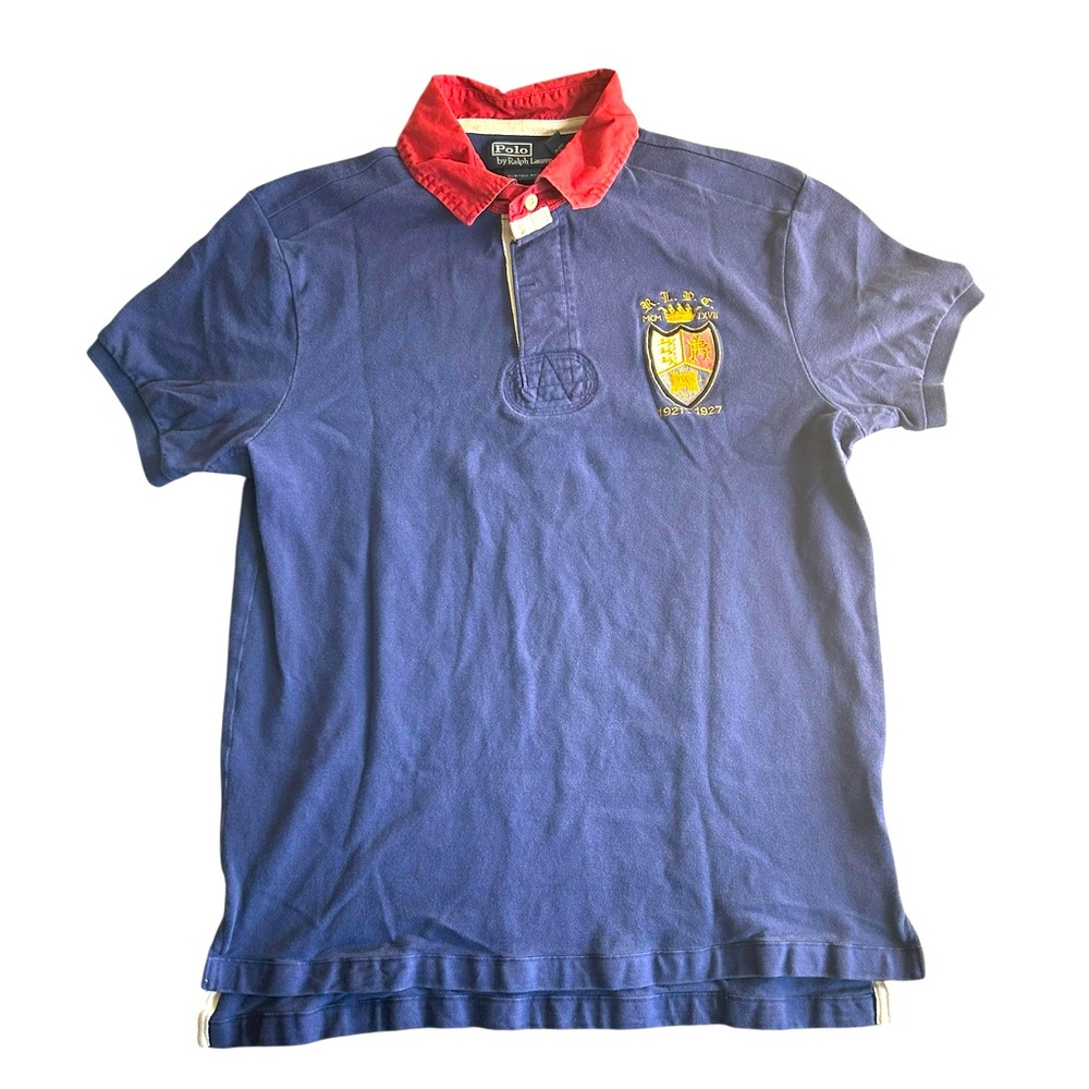Polo Ralph Lauren Custom Fit Rugby Shirt Mens L Navy Blue Red Collar Crest Patch